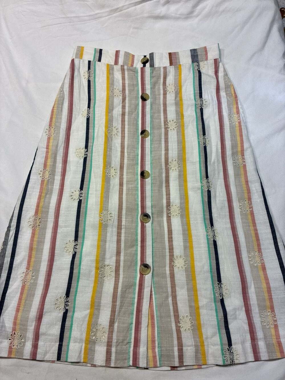 Lovestitch Multi-Color Striped Button-Front Midi Skirt with Floral Eyelet Embroi